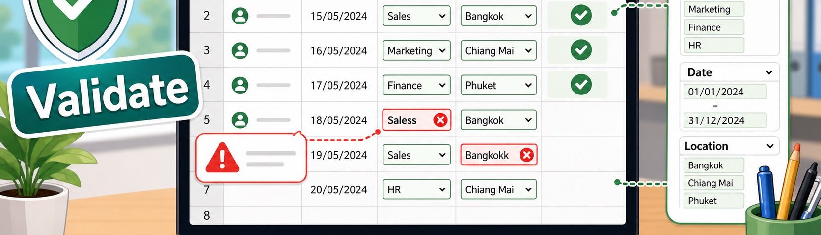 ภาพประกอบการใช้ Data Validation ใน Excel เพื่อป้องกันการกรอกข้อมูลผิด