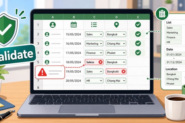 ภาพประกอบการใช้ Data Validation ใน Excel เพื่อป้องกันการกรอกข้อมูลผิด