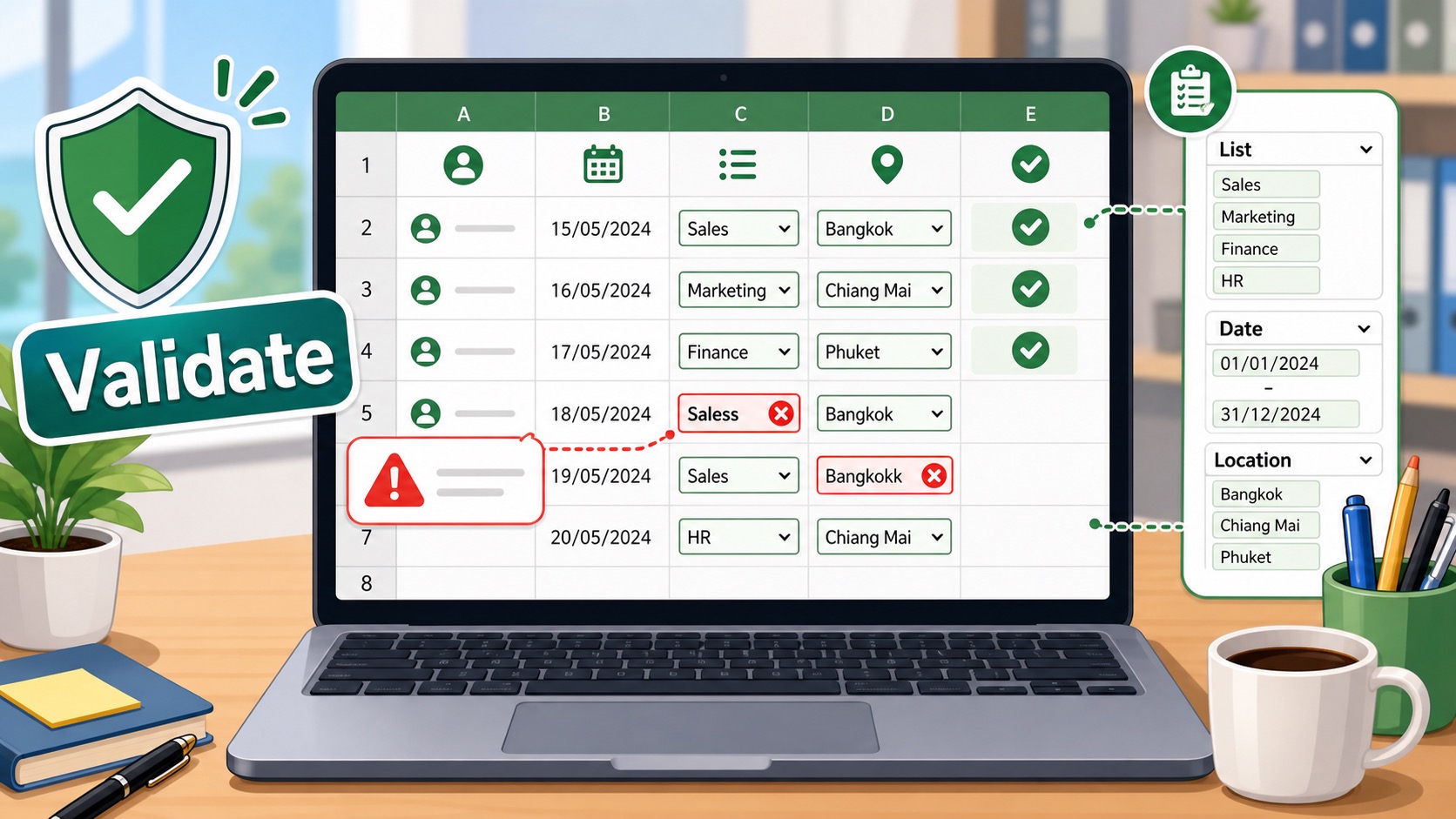 ภาพประกอบการใช้ Data Validation ใน Excel เพื่อป้องกันการกรอกข้อมูลผิด