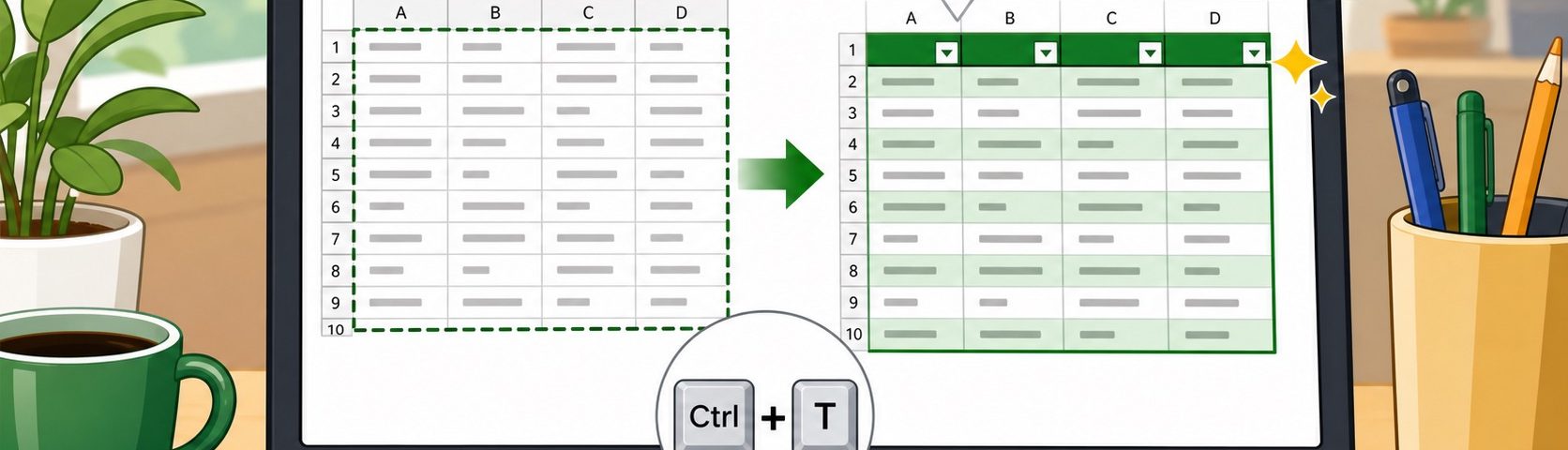 ภาพประกอบการเปลี่ยนข้อมูล Excel เป็น Table ด้วย Ctrl+T