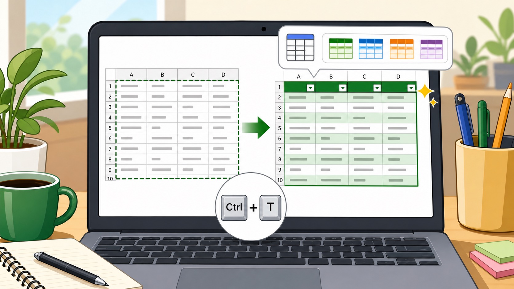 ภาพประกอบการเปลี่ยนข้อมูล Excel เป็น Table ด้วย Ctrl+T