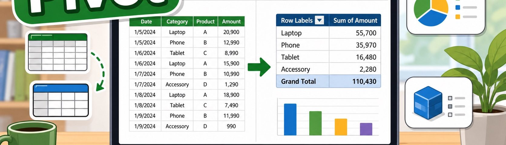ภาพประกอบการทำ Pivot Table ใน Excel เพื่อสรุปข้อมูลอย่างรวดเร็ว