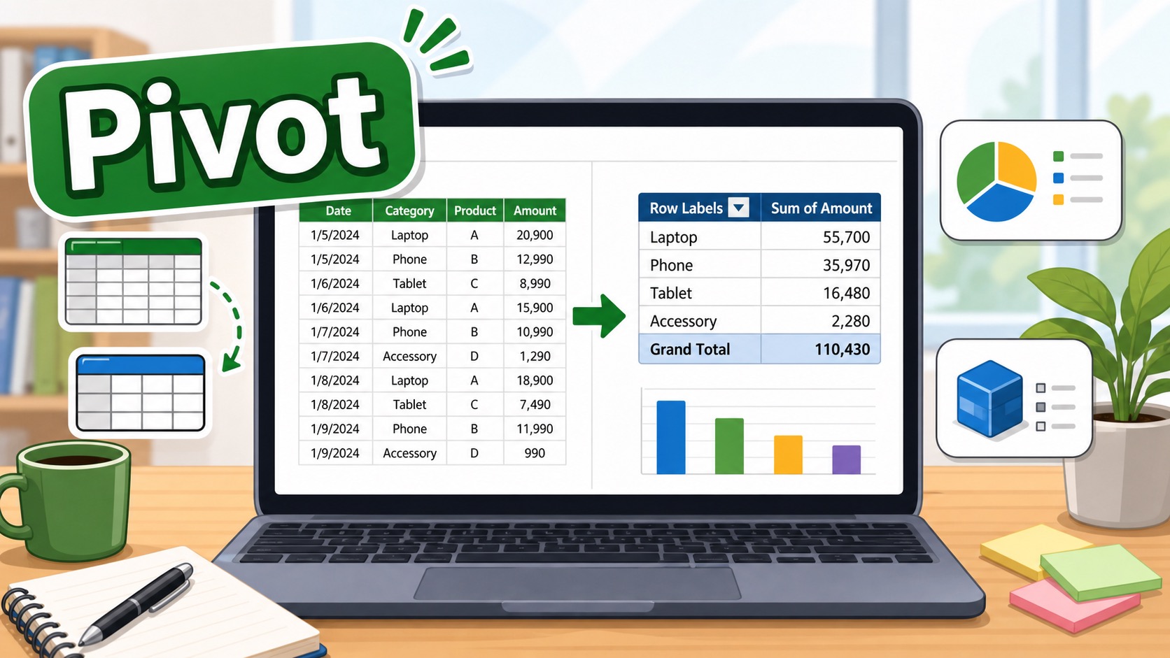 ภาพประกอบการทำ Pivot Table ใน Excel เพื่อสรุปข้อมูลอย่างรวดเร็ว