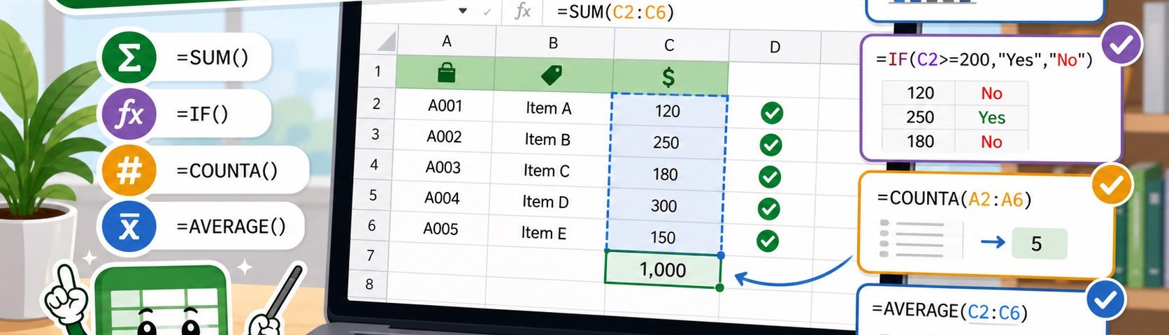 ภาพประกอบสูตรพื้นฐาน Google Sheets สำหรับเริ่มใช้งาน