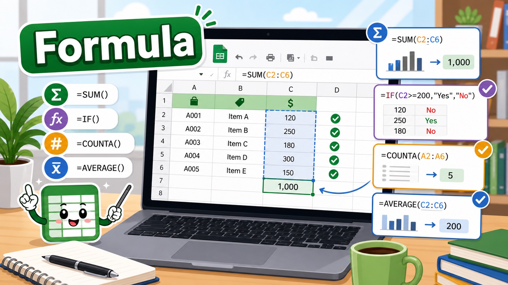 ภาพประกอบสูตรพื้นฐาน Google Sheets สำหรับเริ่มใช้งาน