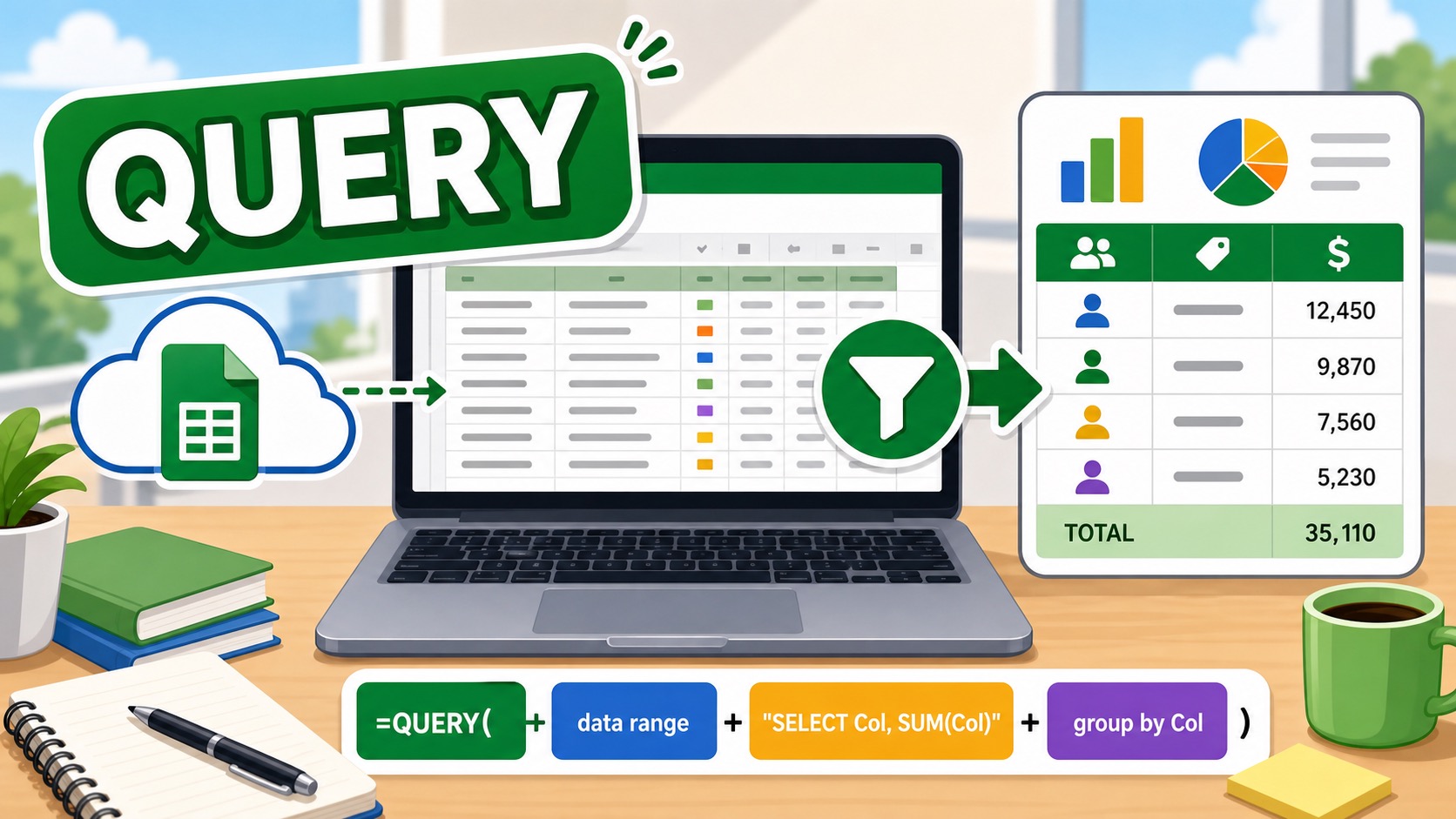 ภาพประกอบสูตร QUERY ใน Google Sheets สำหรับกรองและสรุปข้อมูล
