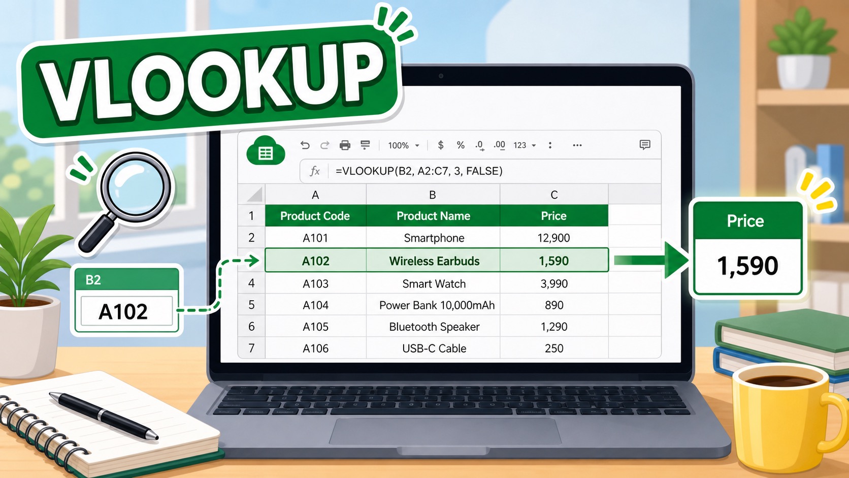 ภาพประกอบสูตร VLOOKUP ใน Google Sheets สำหรับค้นหาข้อมูล