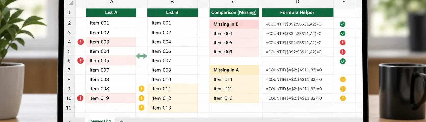 เปรียบเทียบข้อมูล 2 คอลัมน์ใน Excel หารายการที่หายไป